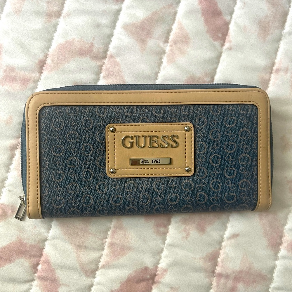 GUESS Navy Blue and Tan Logo Zip-Around Wallet